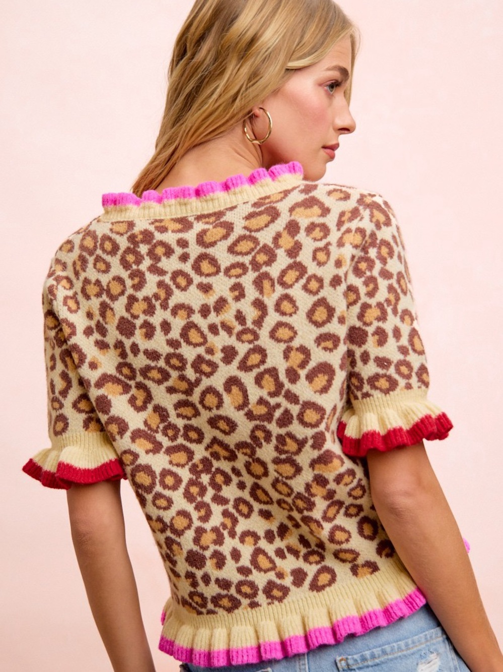 BiBi Leopard Patterned Ruffled Detail Button Cardigan - Picture 8 of 10